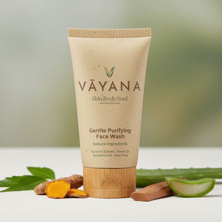Vayana Gentle Purifying Face Wash tube with natural ingredients on a white surface